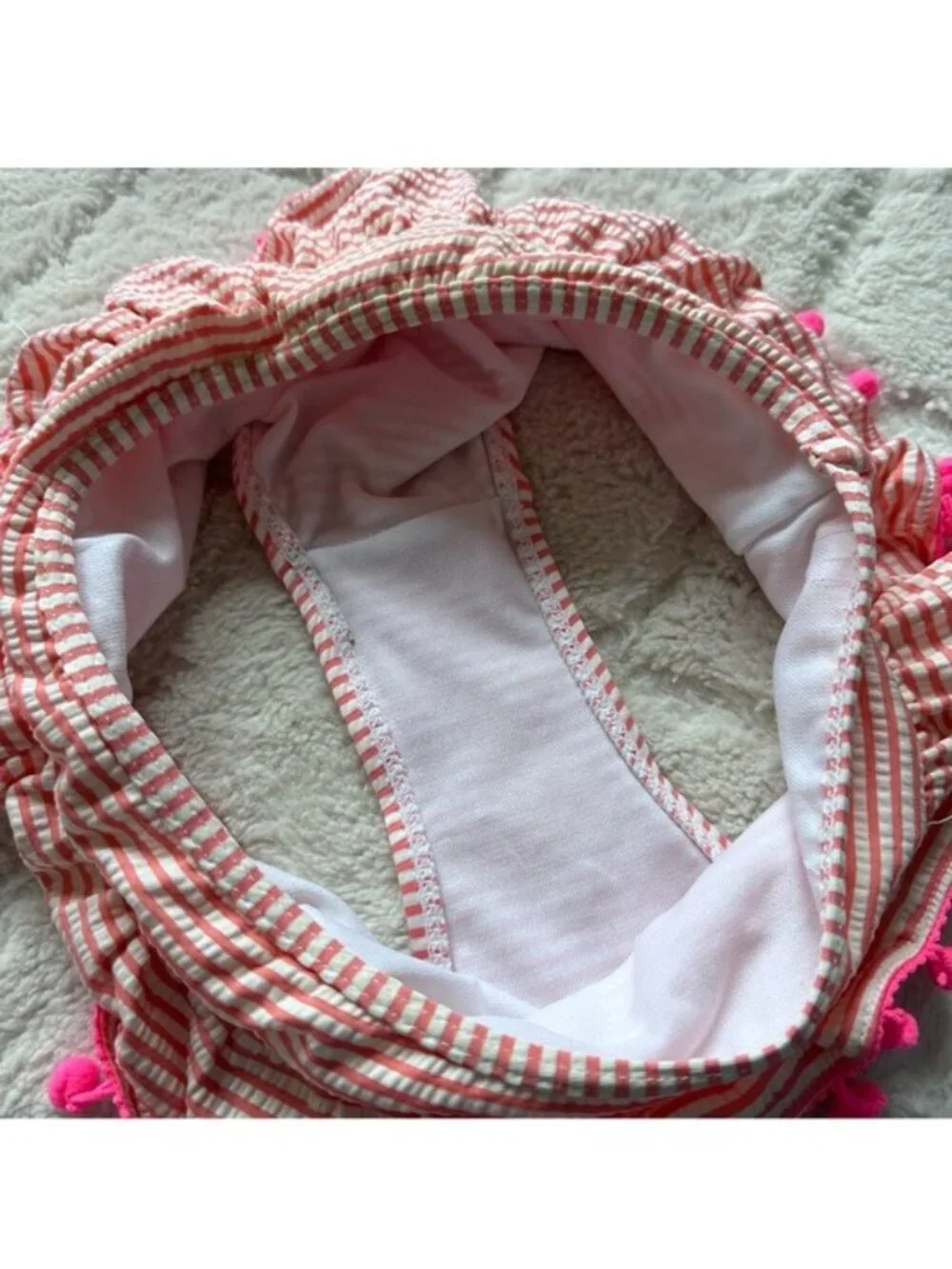 Betsey Johnson | Pink And Cream Seersucker Pompom Trimmed Bikini Set | Size 12